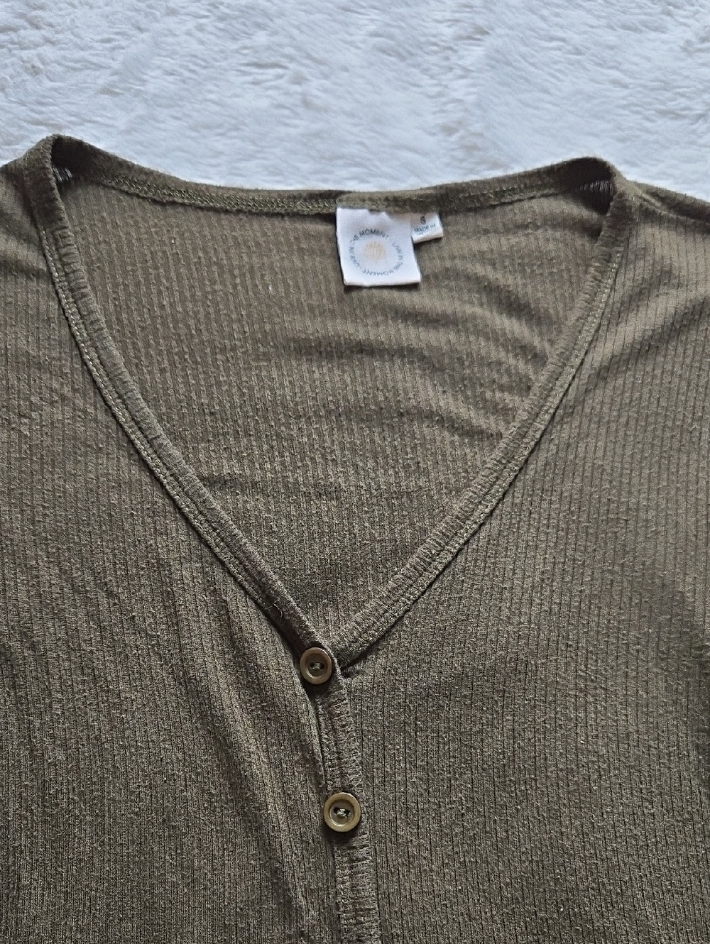 Live in the Moment Ribbed Lettuce Edge Top Small Olive Green Faux Button Front - Picture 11 of 11